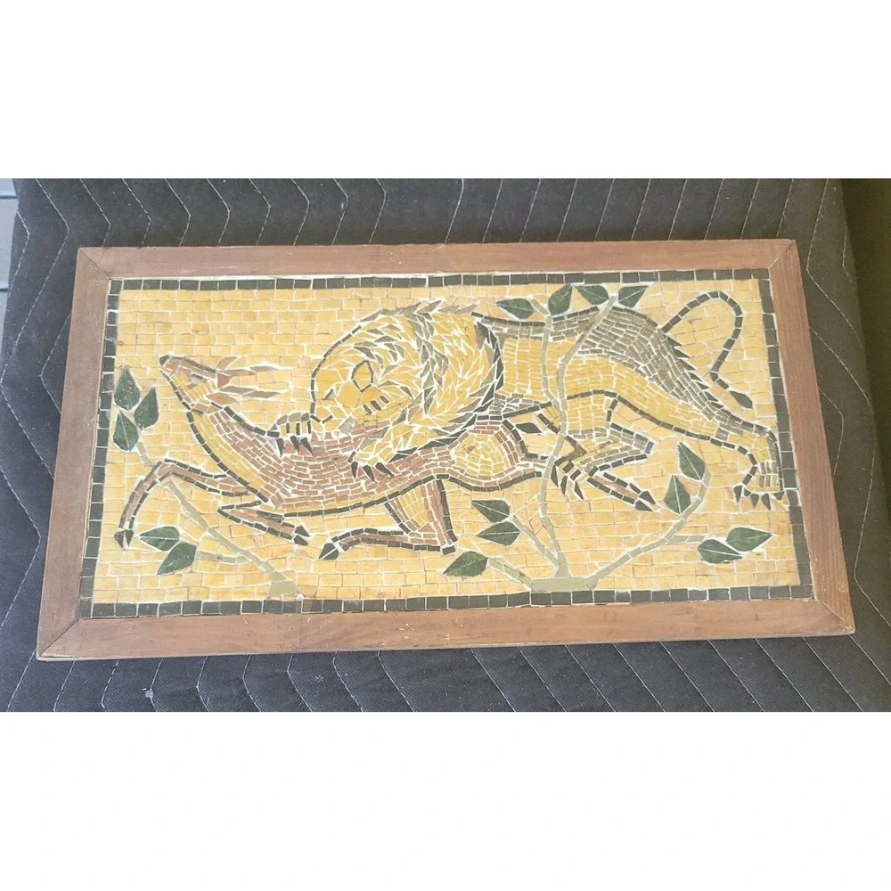 Vtg Mosaic Tile Lion And Prey Wooden Framed Wall Hanging Picture Scene